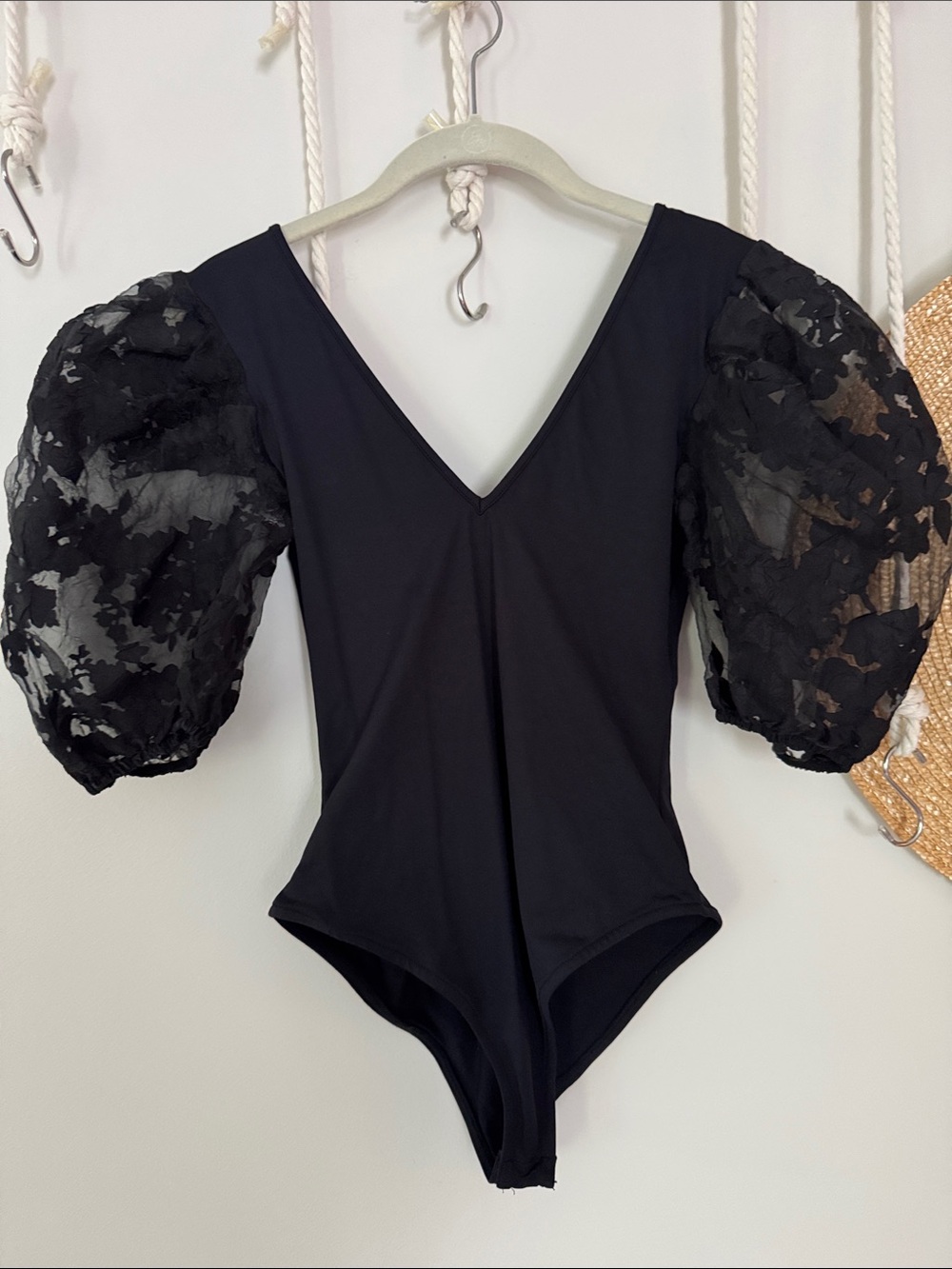 Zara Black Sheer Floral Puff-Sleeve Bodysuit